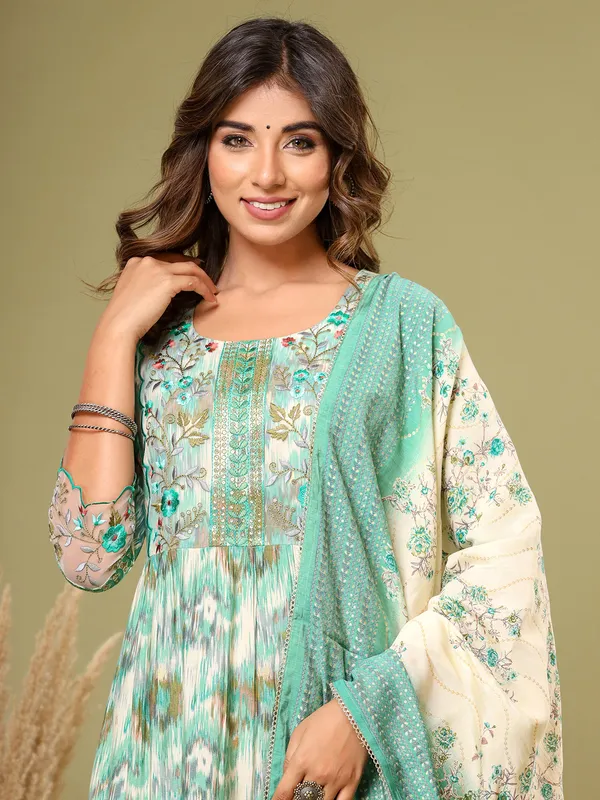 Printed rich cotton kurti set in sea green