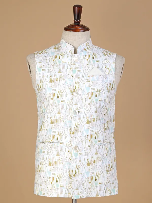 Printed rich silk waistcoat in cream