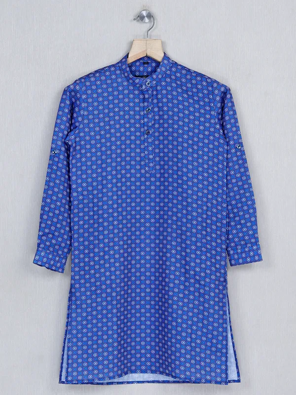 Printed royal blue festive kurta suit in cotton