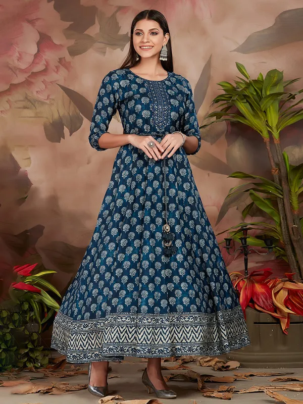 Printed russian silk long kurti in teal blue