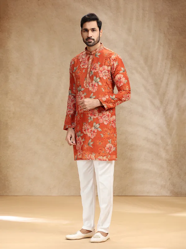 Printed rust red tissue silk festive kurta pajama