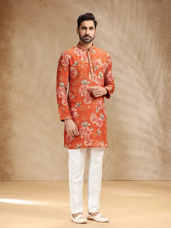 Printed rust red tissue silk festive kurta pajama