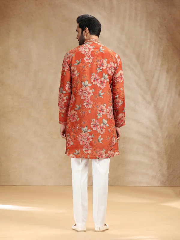 Printed rust red tissue silk festive kurta pajama