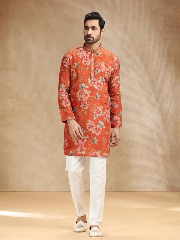 Printed rust red tissue silk festive kurta pajama