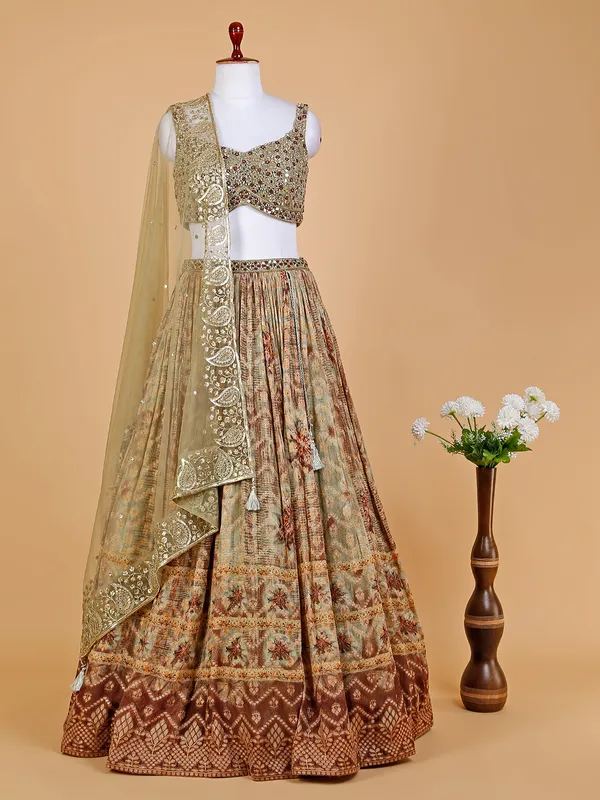 Printed sage green lehenga choli in georgette