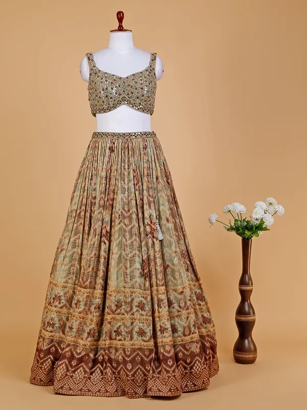 Printed sage green lehenga choli in georgette