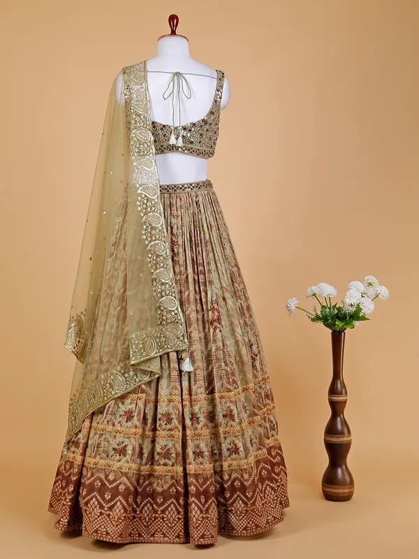 Printed sage green lehenga choli in georgette