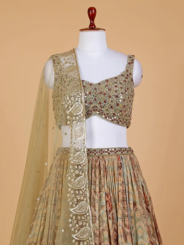 Printed sage green lehenga choli in georgette