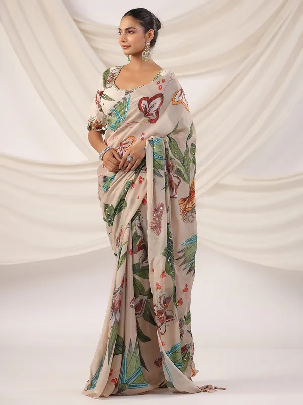 Printed satin silk beige saree