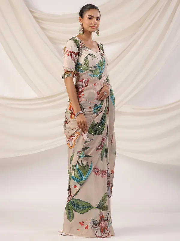 Printed satin silk beige saree