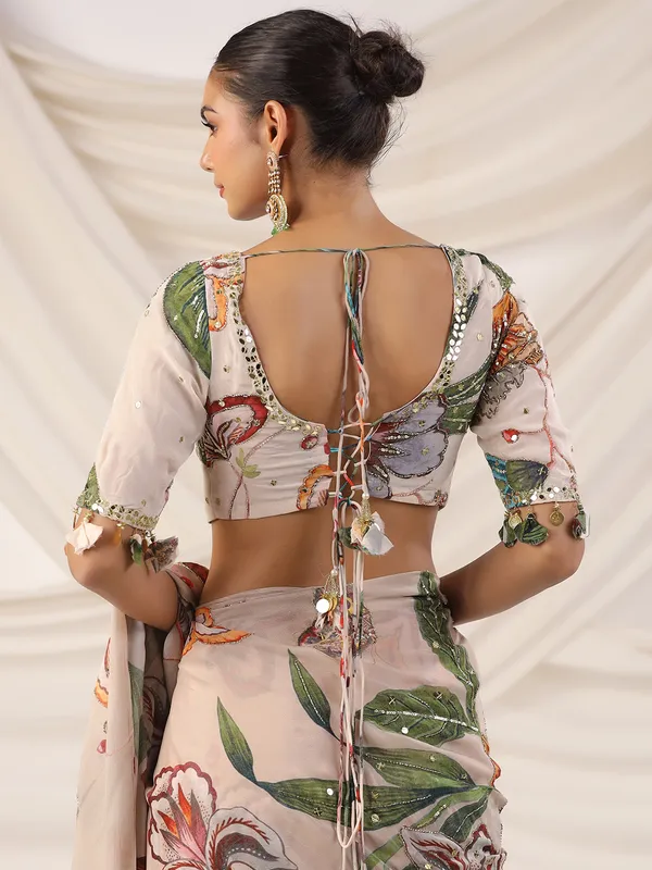 Printed satin silk beige saree