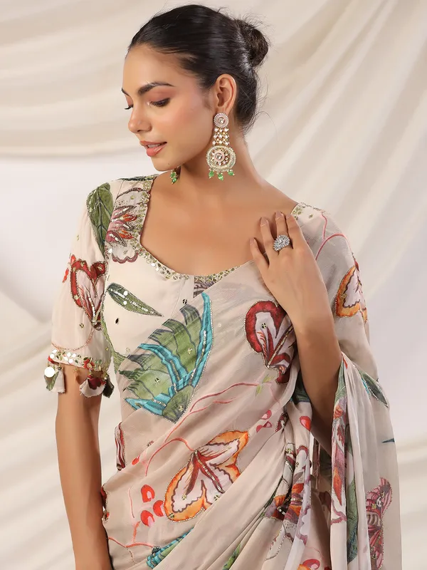 Printed satin silk beige saree