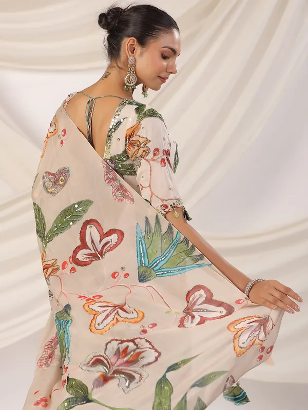Printed satin silk beige saree