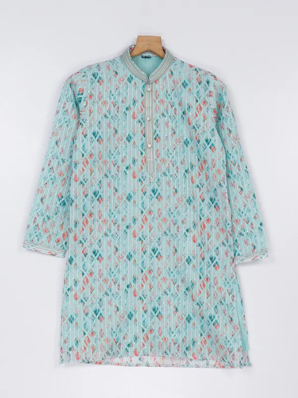 Printed sea green cotton silk kurta suit