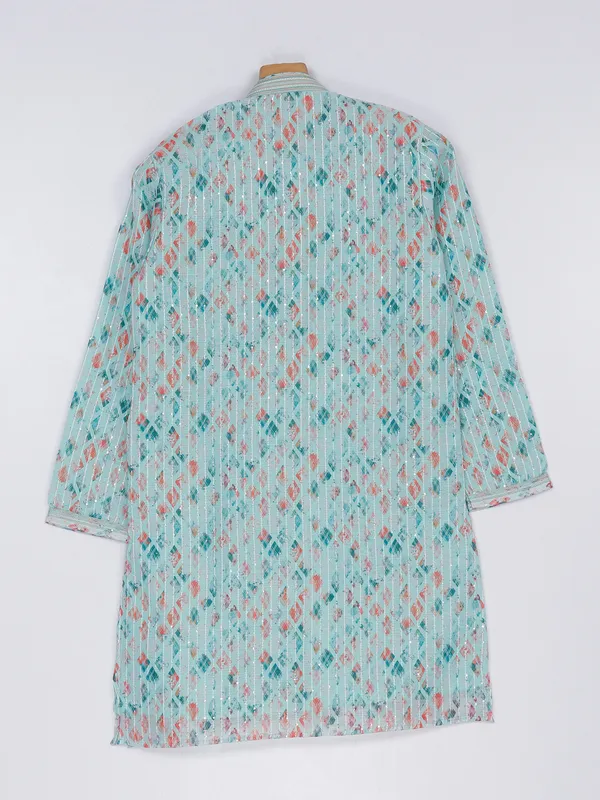 Printed sea green cotton silk kurta suit