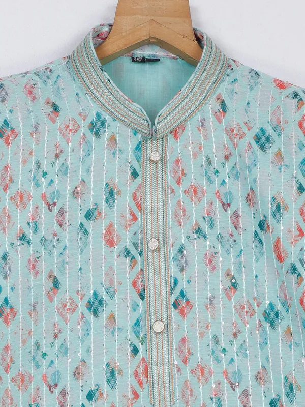 Printed sea green cotton silk kurta suit