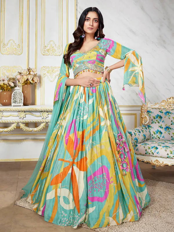 Printed sea green lehenga choli in silk