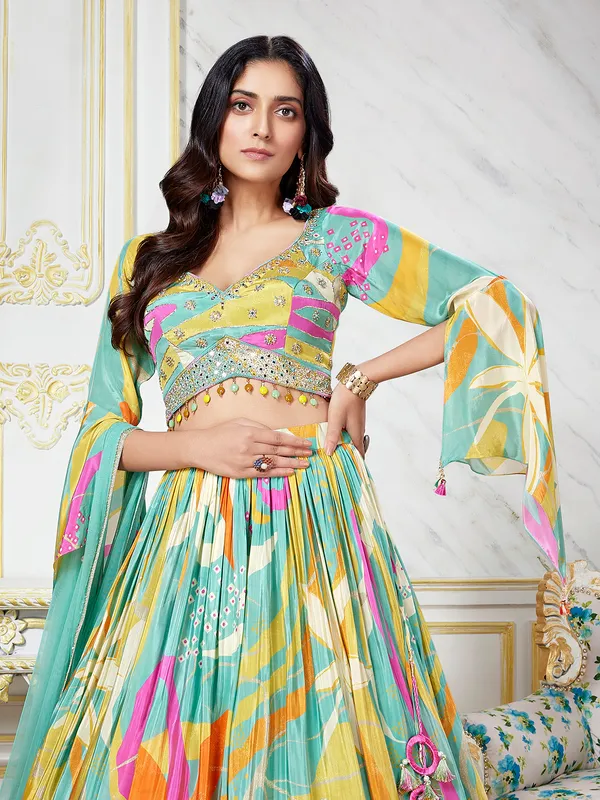 Printed sea green lehenga choli in silk