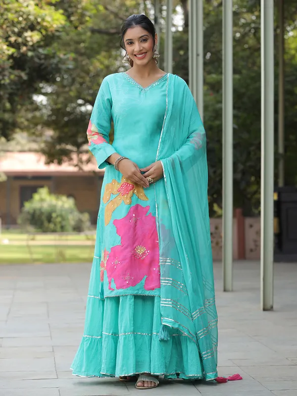 Printed silk aqua long kurti with dupatta