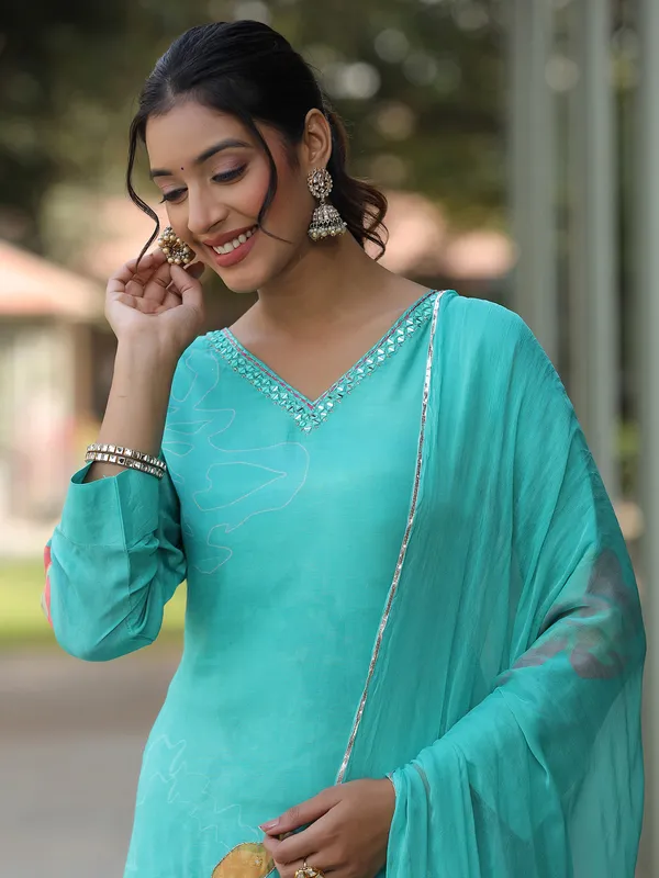 Printed silk aqua long kurti with dupatta