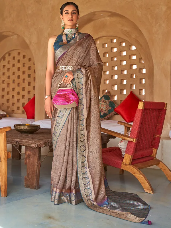 Printed silk brown hue saree for wedding