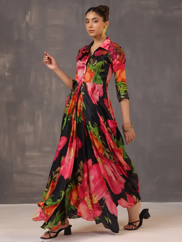 Printed silk black and pink western style designer suit