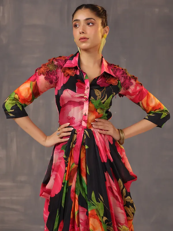 Printed silk black and pink western style designer suit