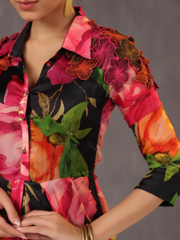 Printed silk black and pink western style designer suit