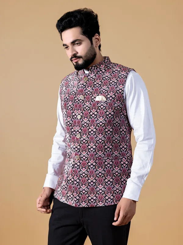 Printed silk black waistcoat