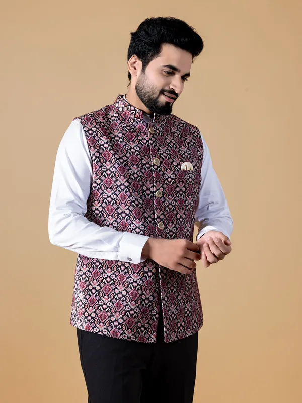 Printed silk black waistcoat