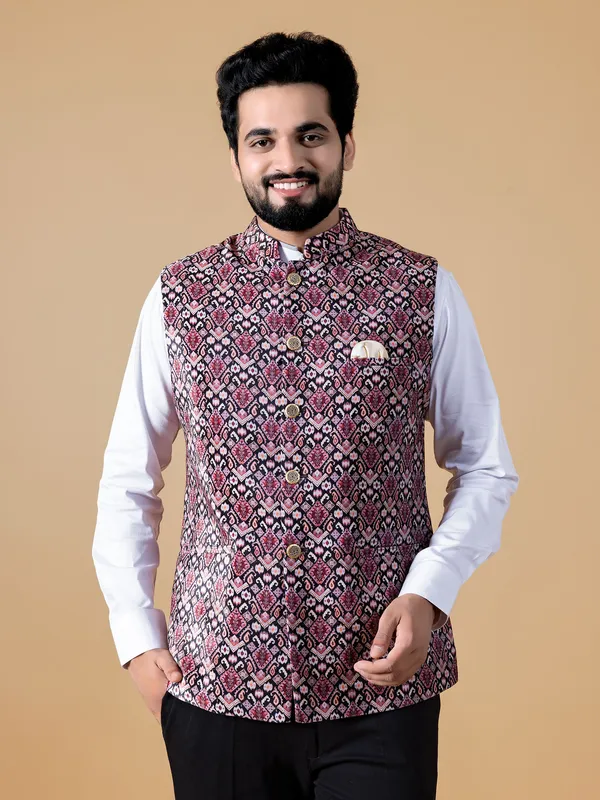 Printed silk black waistcoat
