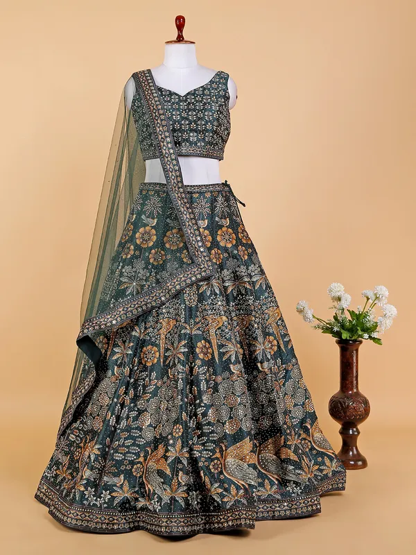 Printed silk bottle green lehenga choli