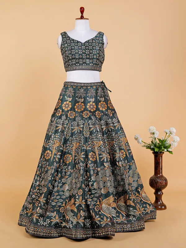 Printed silk bottle green lehenga choli