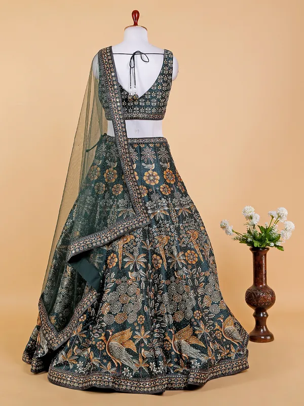 Printed silk bottle green lehenga choli
