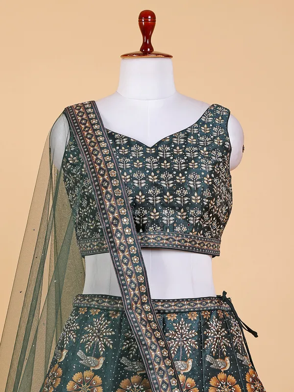 Printed silk bottle green lehenga choli