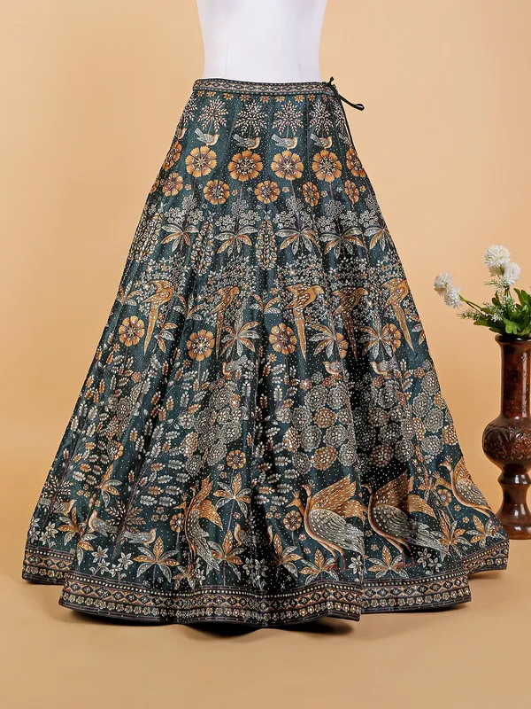 Printed silk bottle green lehenga choli