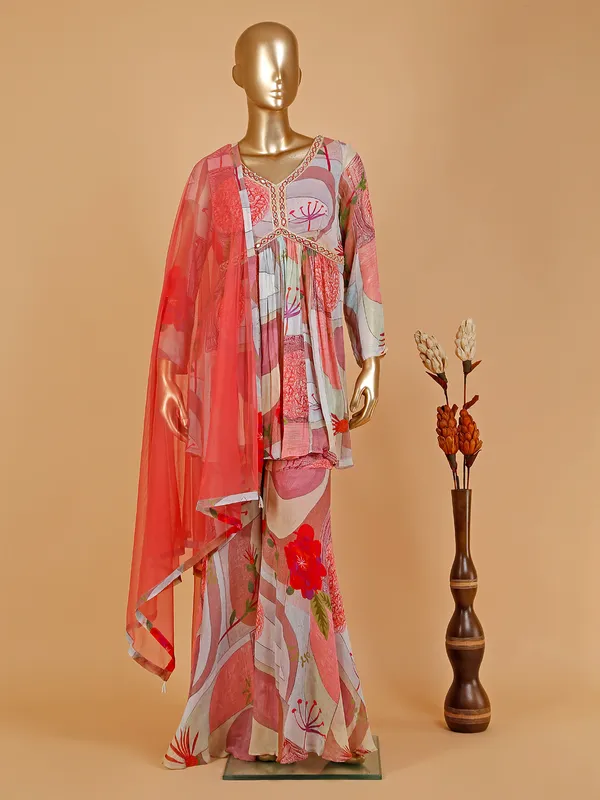 Printed silk coral pink sharara suit
