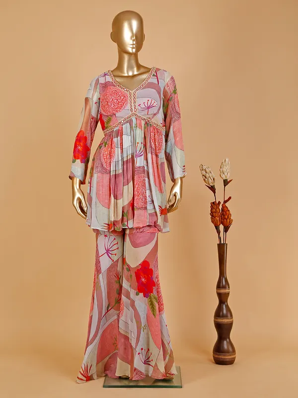 Printed silk coral pink sharara suit