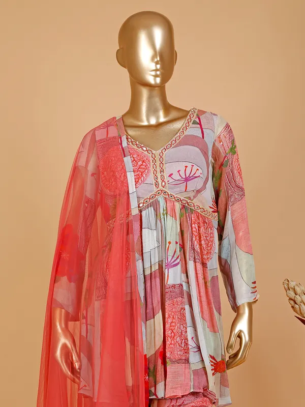 Printed silk coral pink sharara suit