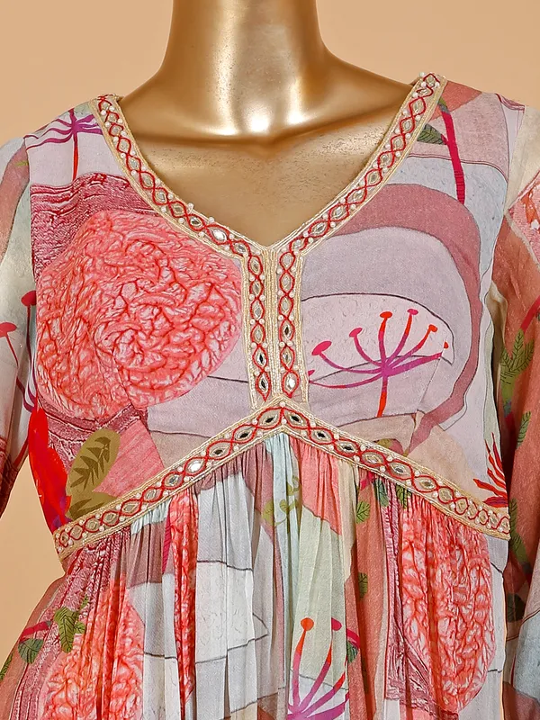 Printed silk coral pink sharara suit