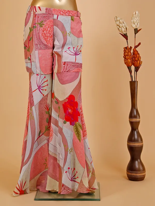 Printed silk coral pink sharara suit