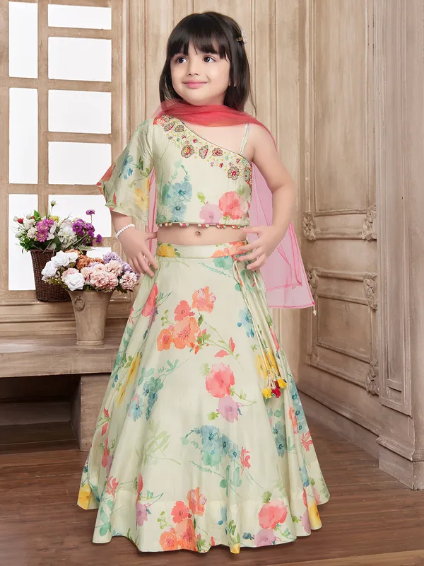Printed silk cream lehenga choli