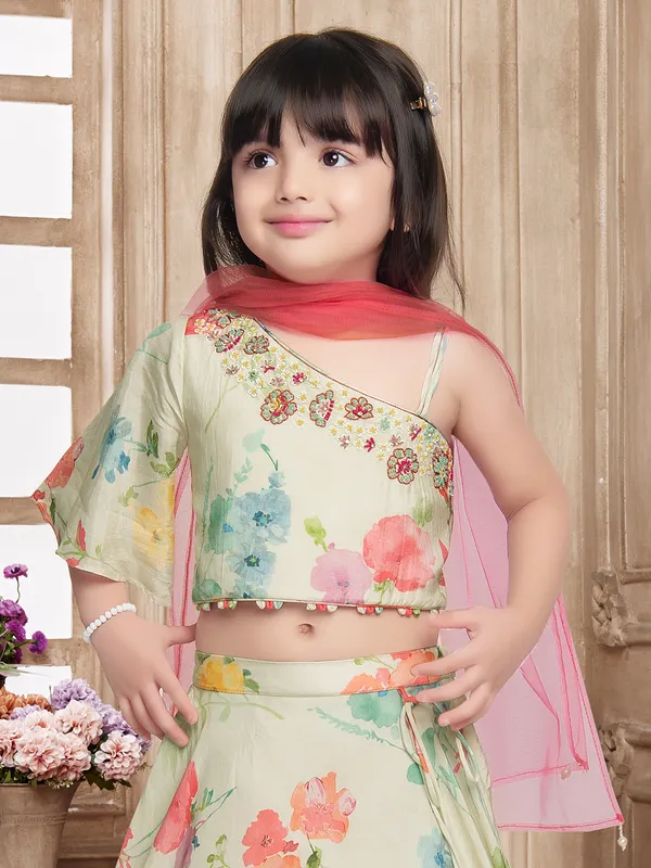 Printed silk cream lehenga choli