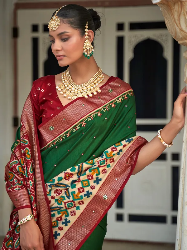 Printed silk dark green saree