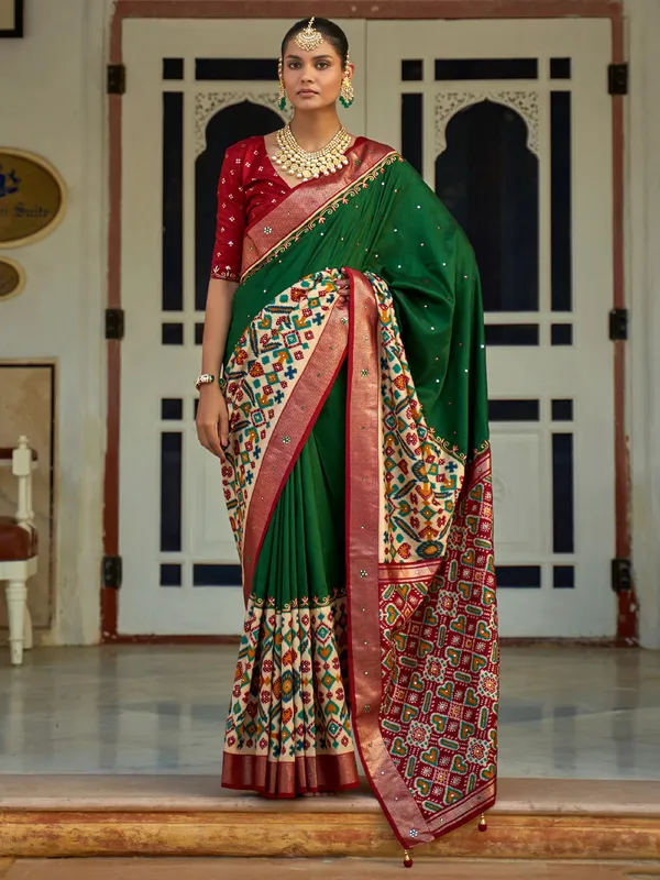 Printed silk dark green saree
