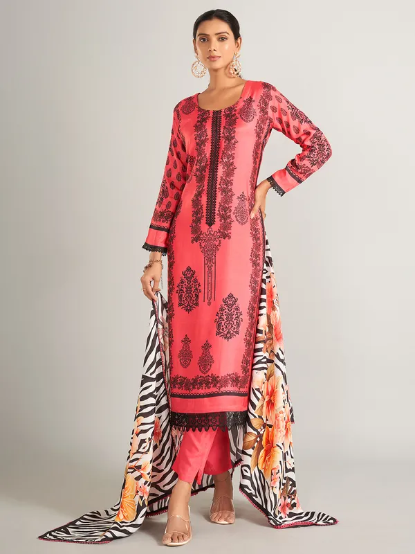 Printed silk dark peach salwar suit