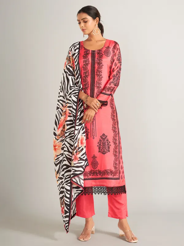Printed silk dark peach salwar suit