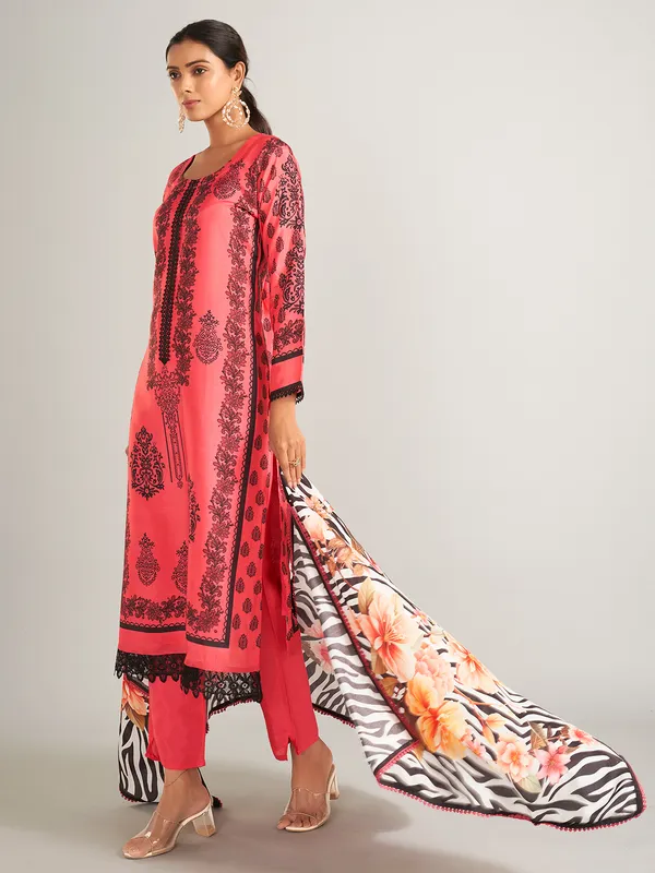 Printed silk dark peach salwar suit