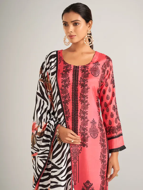 Printed silk dark peach salwar suit
