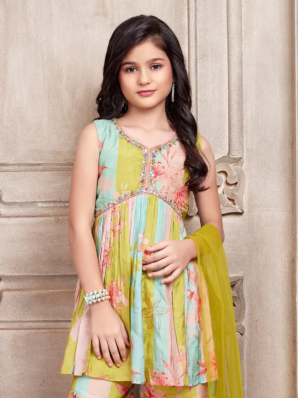 Printed silk green sharara suit